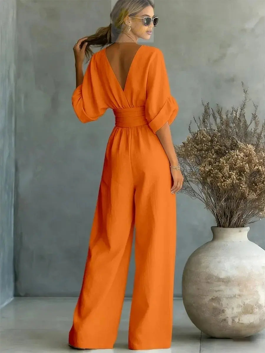 Jumpsuit Fashion High Waist V-neck Casual Sexy  Solid Color LADYLYS
