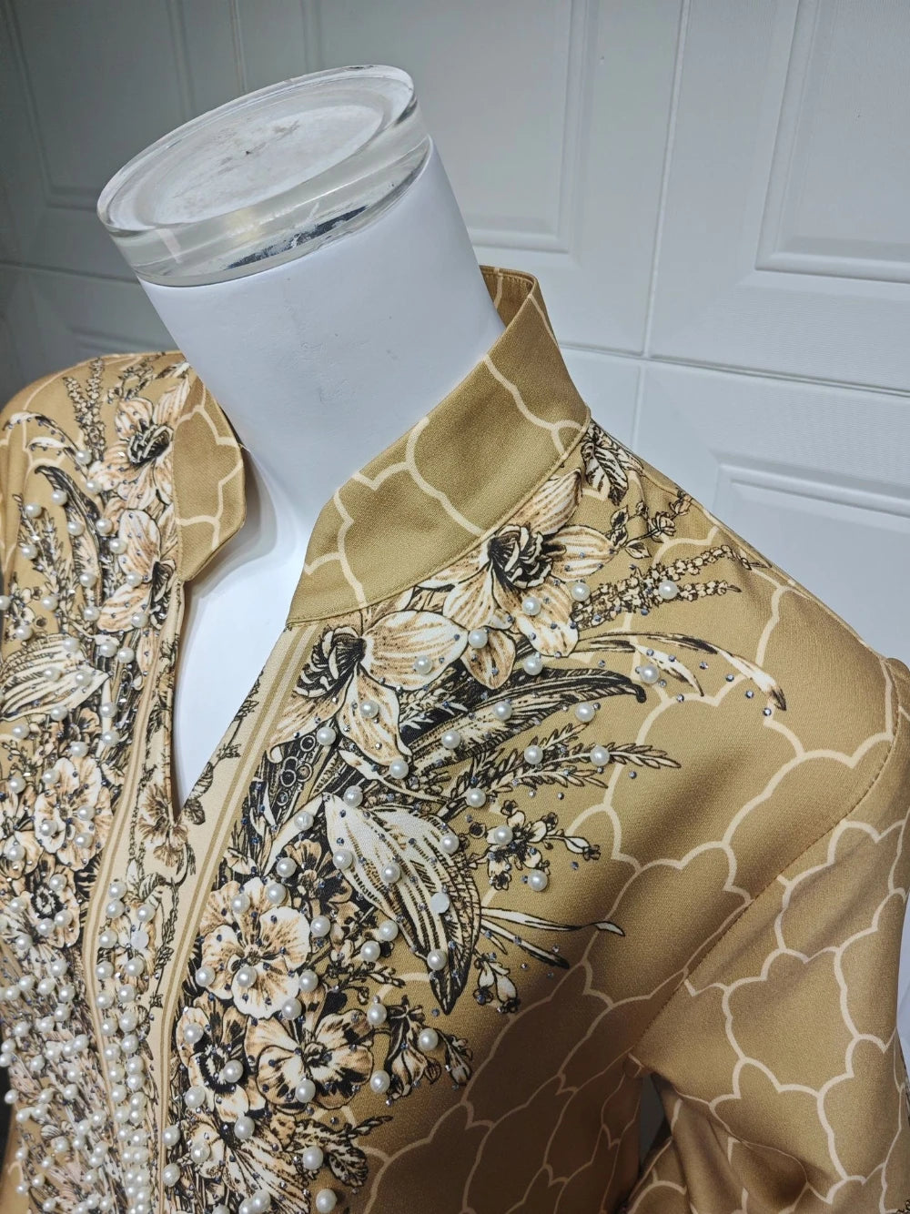 Floral Printing Unique Arabic Evening Dress, Charming Pearls Long Sleeves Cocktail Gown LADYLYS