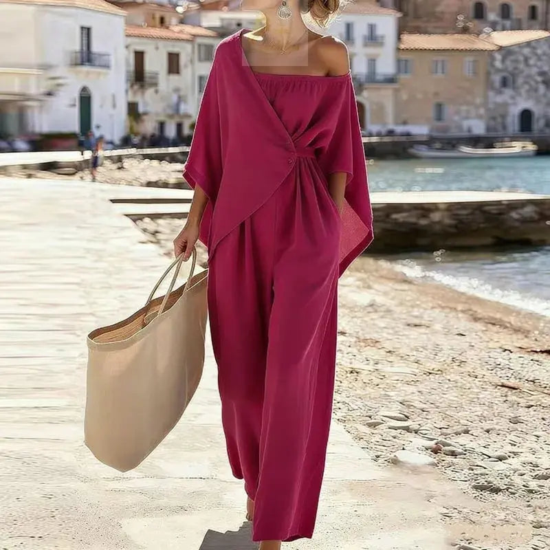 Elegant New Off Shoulder Hollow Jumpsuits Woman Batwing Sleeve Wrap Tie Waist Romper LADYLYS