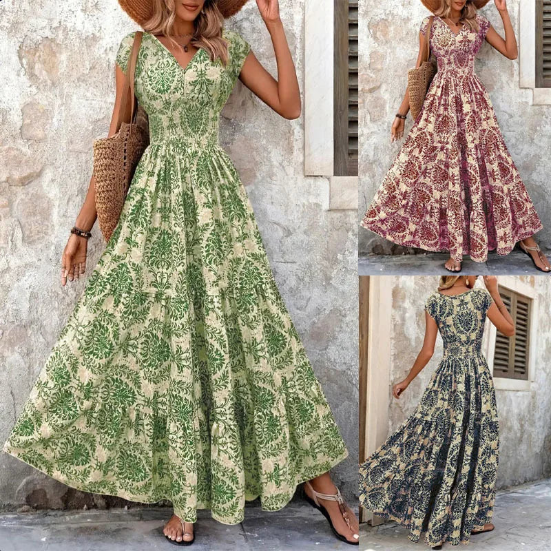 Vintage Floral Print Dress Elegant V-Neck Short Sleeve LADYLYS