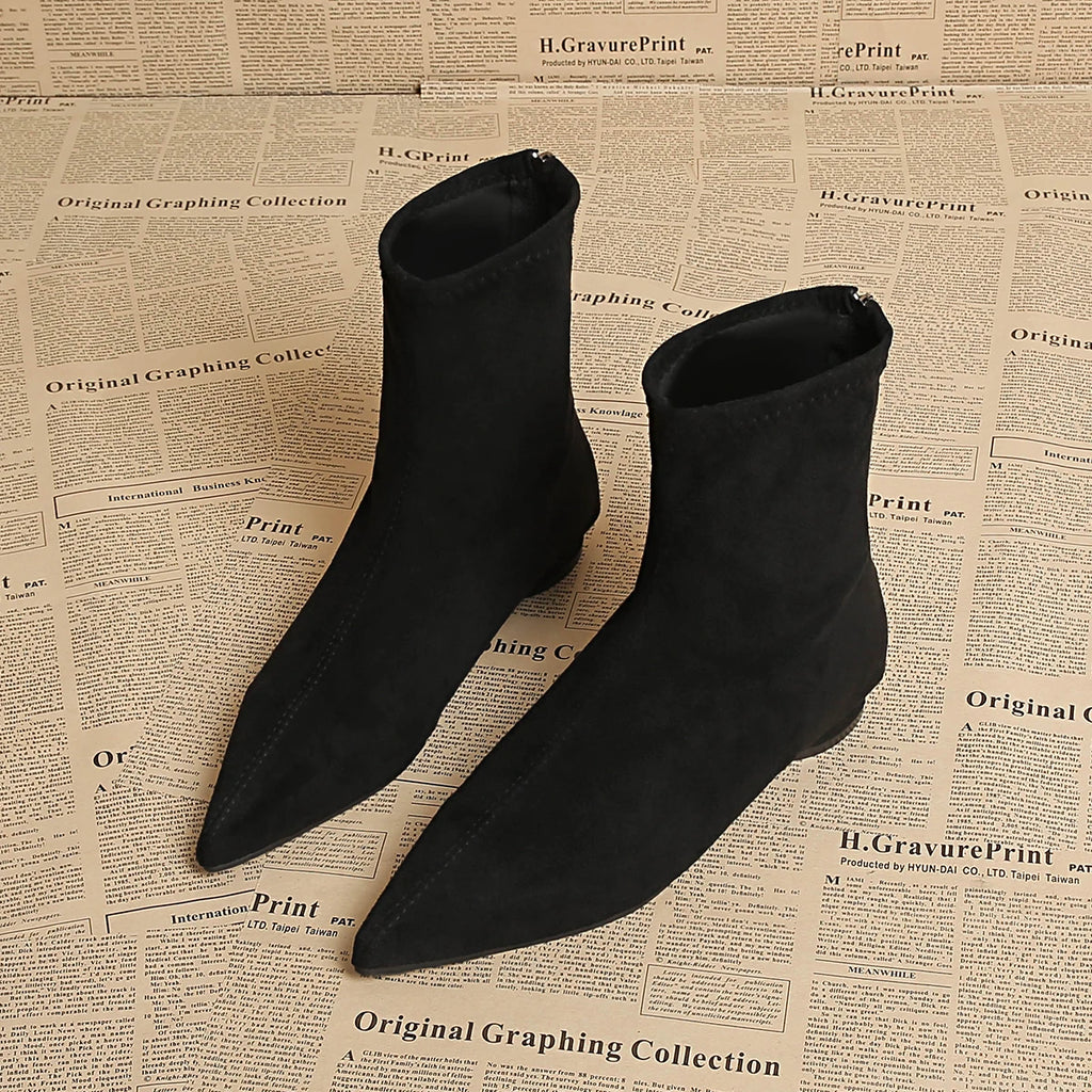 Women's Faux Suede Pointed Toe Mid-Calf Boots – Warm Flannel Lining, Low Heel