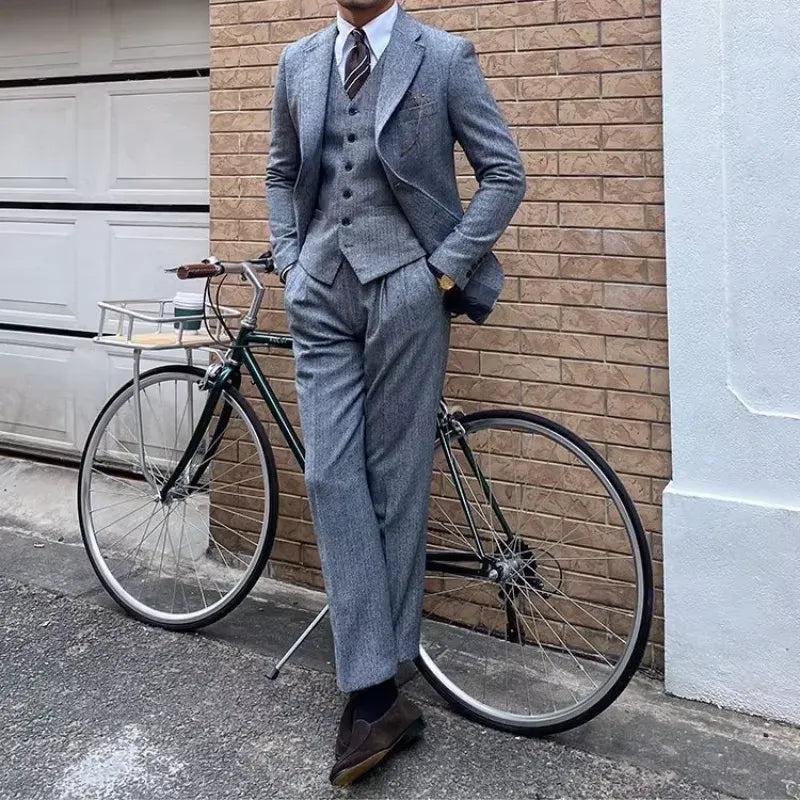 Men's Slim-Fit Herringbone Three-Piece Suit