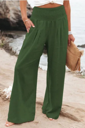 Women's High-Waist Wide Leg Pants — Drawstring Elastic Waist | Casual Beach Trousers | Plus Size