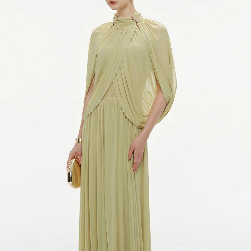 Chic Chiffon Pleated Maxi Dress Women Elegant Flutter Sleeve Turtleneck LADYLYS