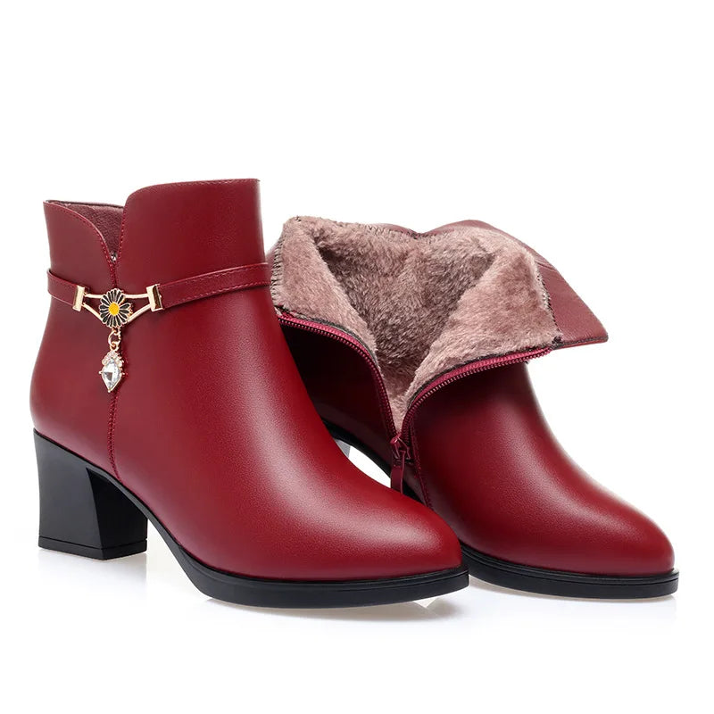 Women's Velvet Fleece-Lined Ankle Boots – Low Square Heel Anti-Slip Winter Booties