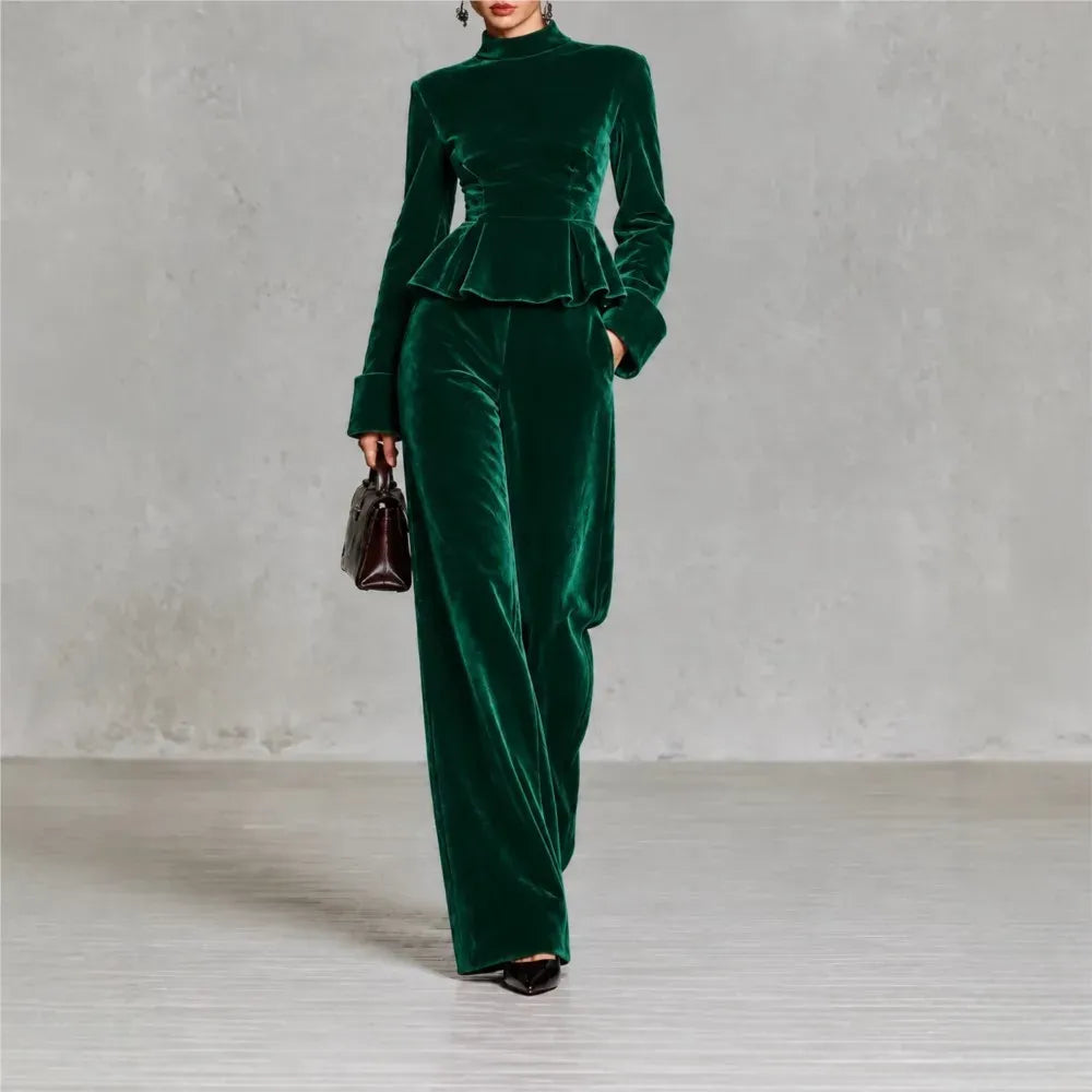 Women's Velvet Two-Piece Set with Wide-Leg Trousers