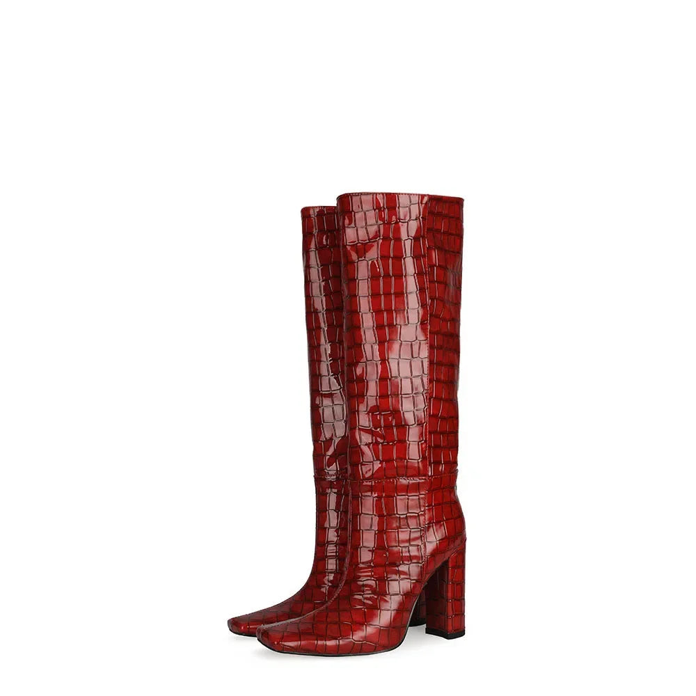 Women's Patent Leather Knee-High Boots – Thick Square Heel Slip-On Winter Boots in 21 Colours