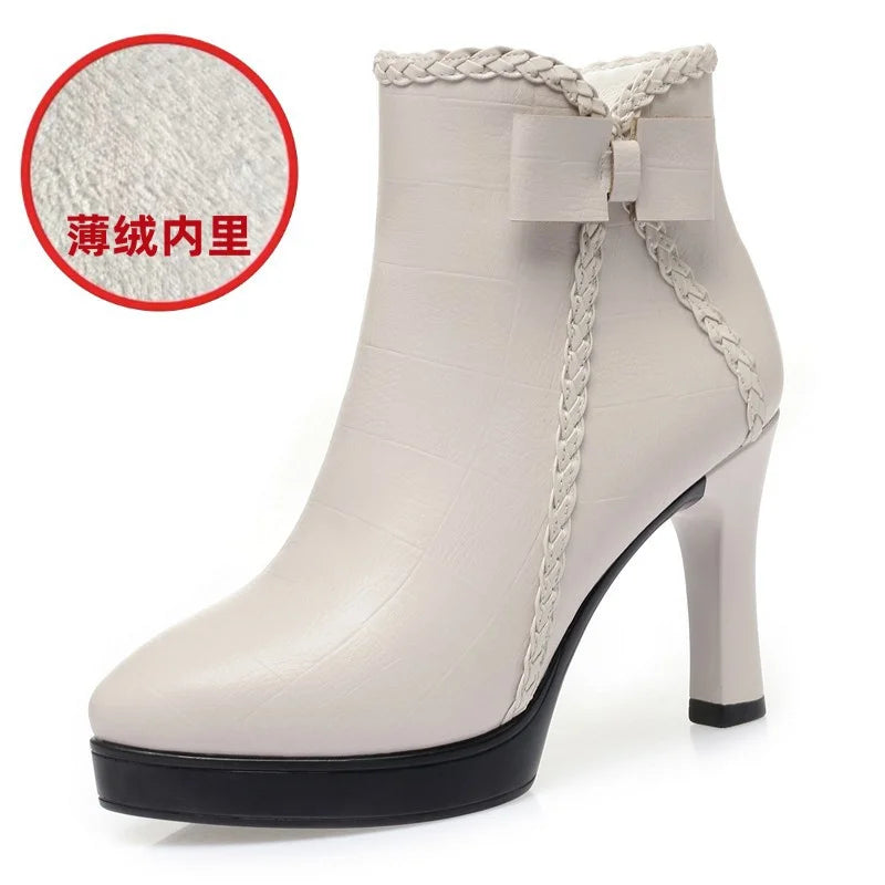 Women's Velvet Stiletto Ankle Boots – Pointed Toe Platform Booties with Bow Detail