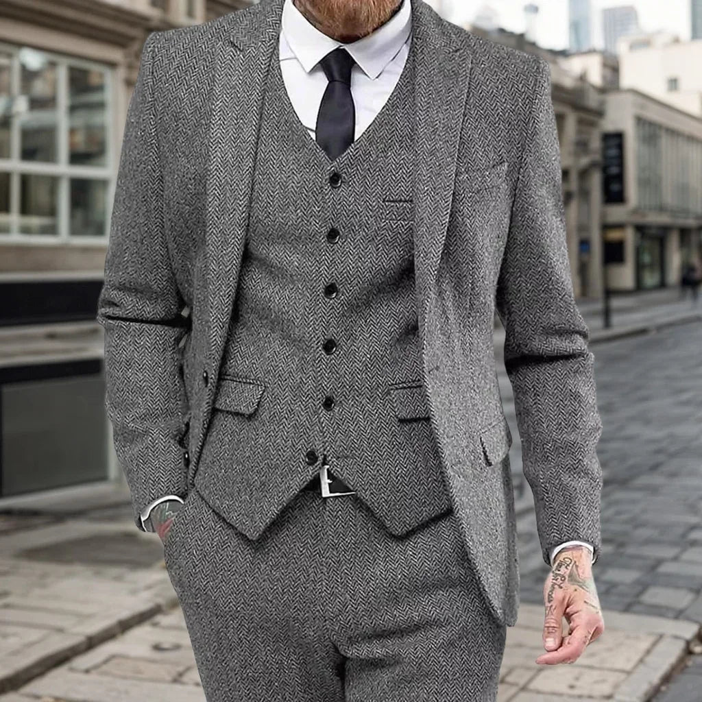 Men's Slim-Fit Herringbone Three-Piece Suit