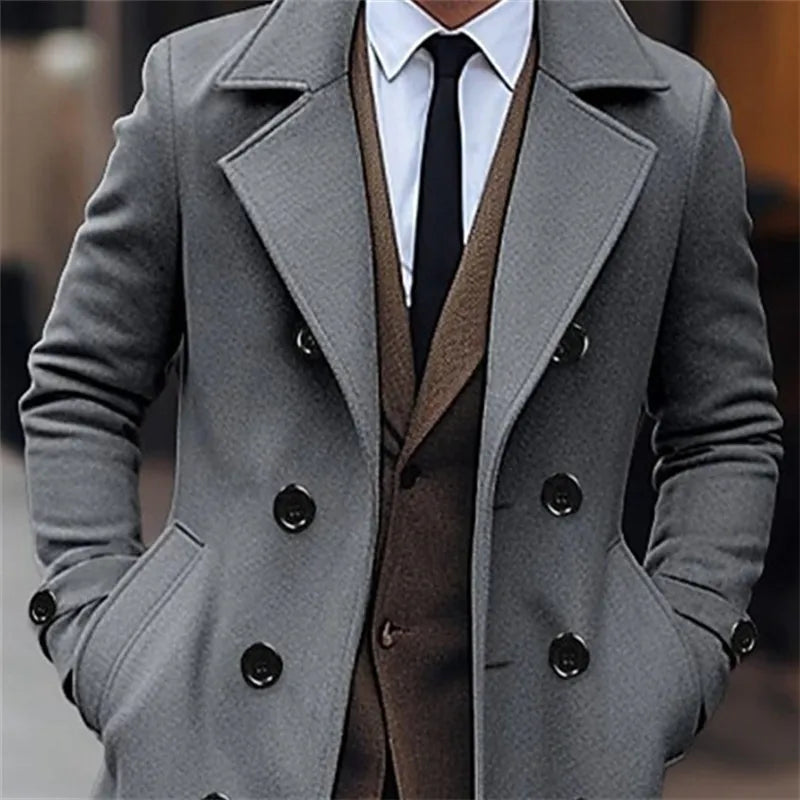 Men's Woolen Coats Business Casual Fashion Double Breasted Long Woolen Trench LADYLYS