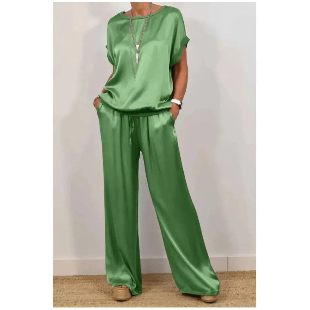 2-piece Set Fashion Satin O Neck T-shirt Top Trousers Summer Retro Elegant LADYLYS