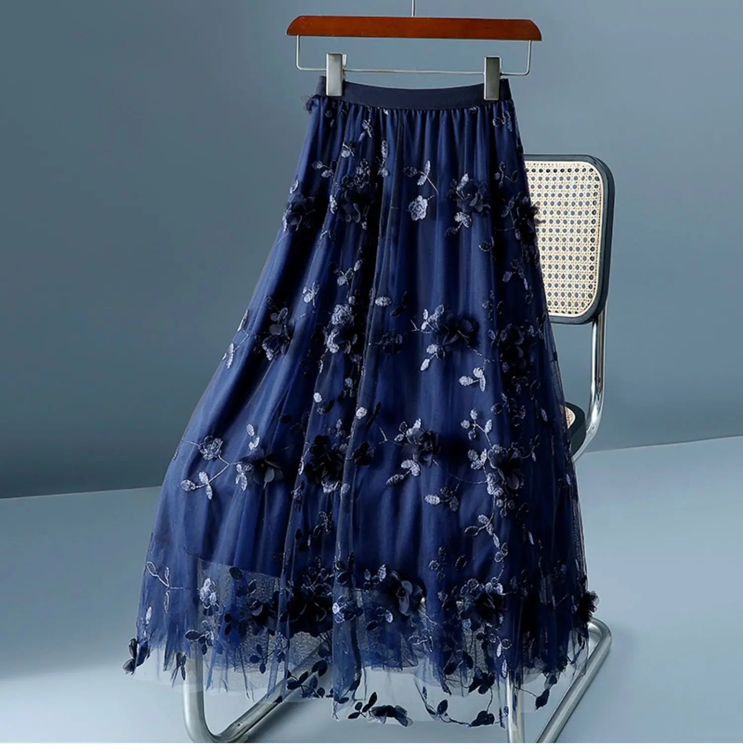 High Waist Slim Long Skirt High Quality Embroidery Sweet 3D Flowers Mesh Tulle LADYLYS