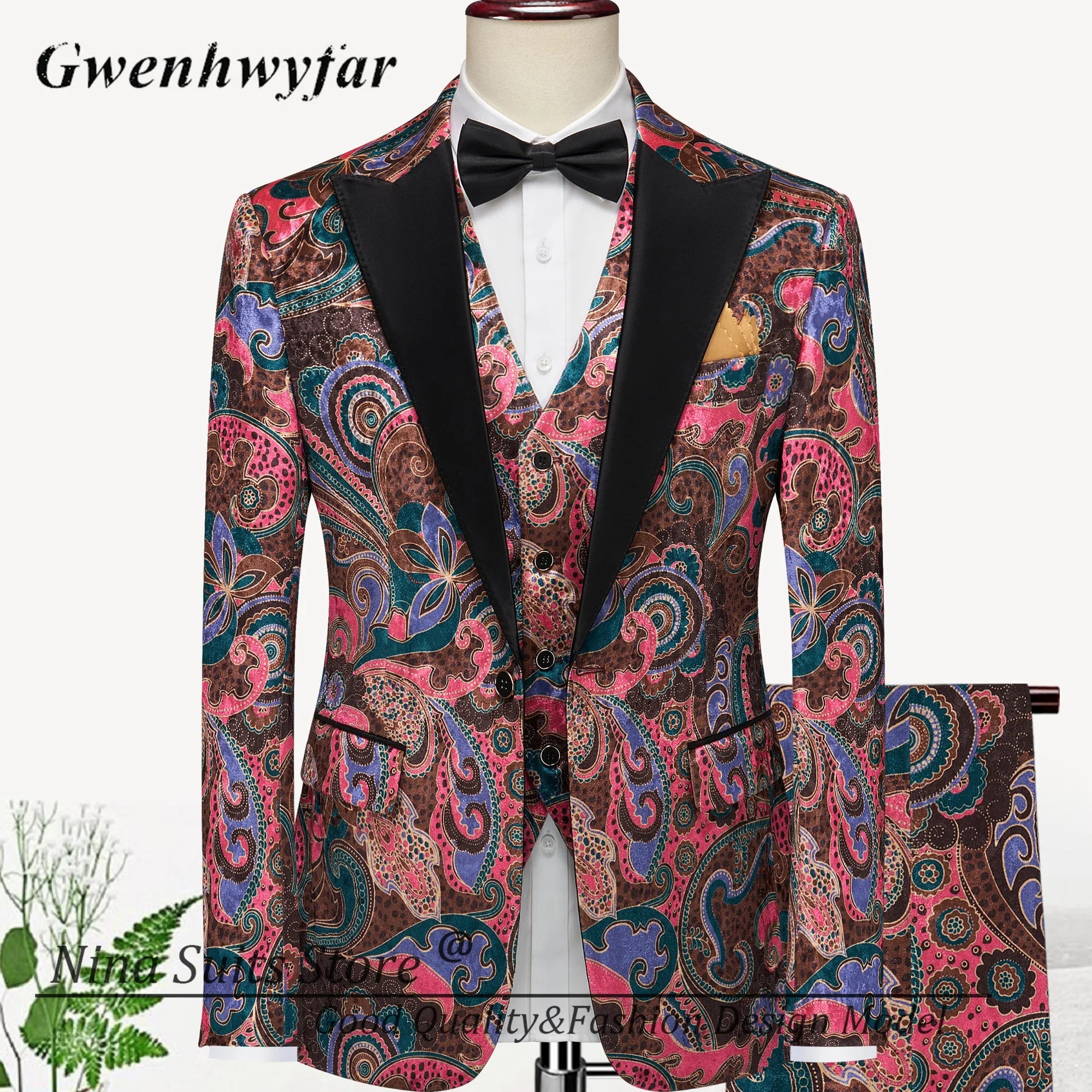 Men Suits Cashew Flower Jacquard Tuxedos Groom Wear Formal Party Suit LADYLYS