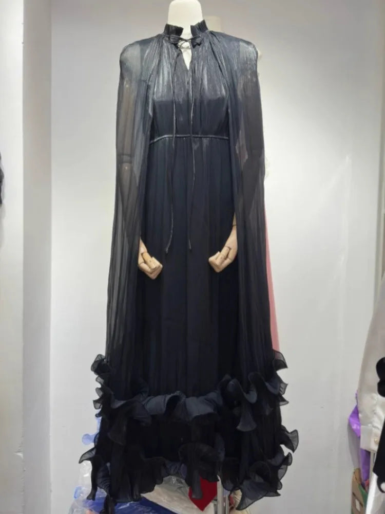 Women's V-Neck Cape Sleeve Maxi Dress – Ruffle Edge, A-Line Floor-Length