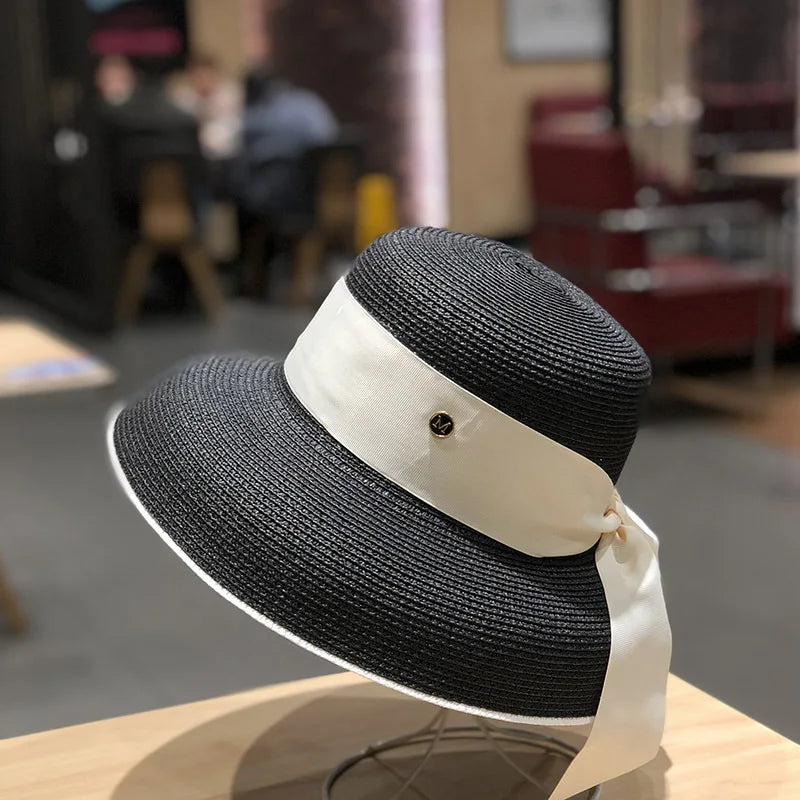 hood Hepburn wind big brim straw hat female summer sunscreen basin hat French beach holiday sunshade hat LADYLYS