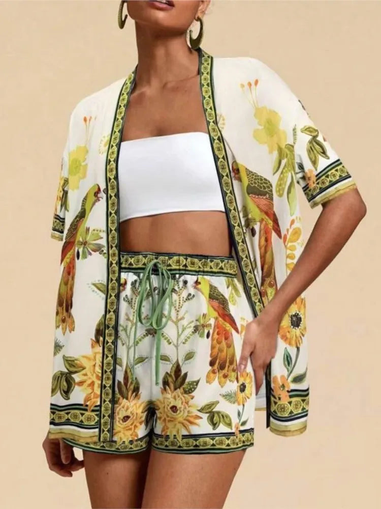 Casual Printed Cardigan Short-sleeved Top Shorts Two-piece Set LADYLYS