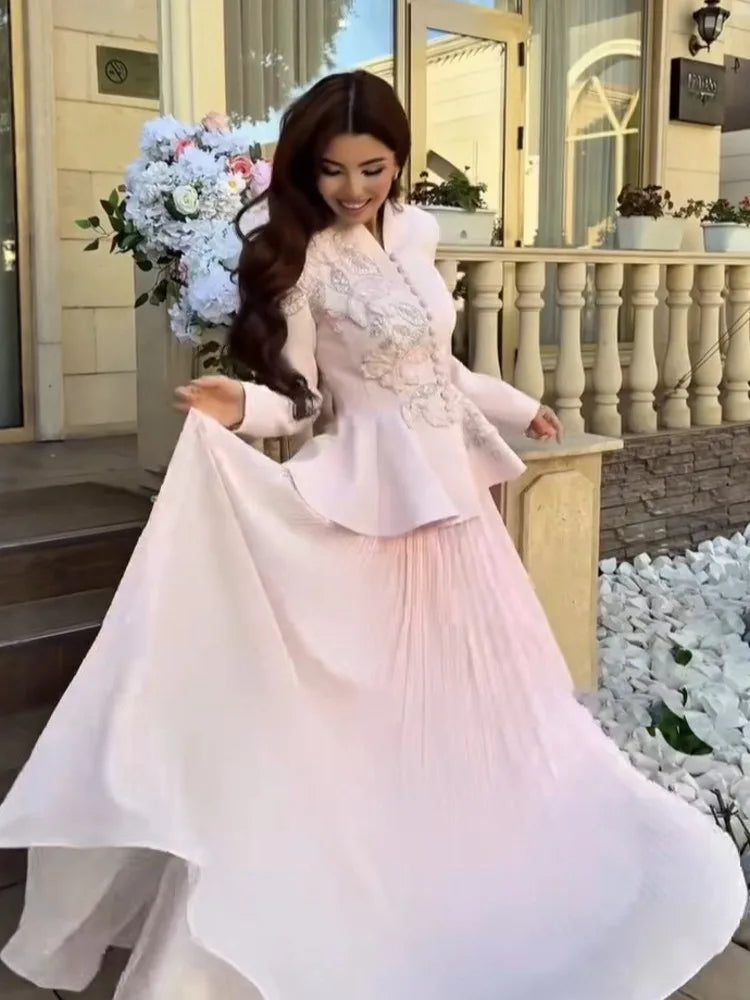 Women’s V-Neck Blouse and A-Line Skirt Two-Piece Set