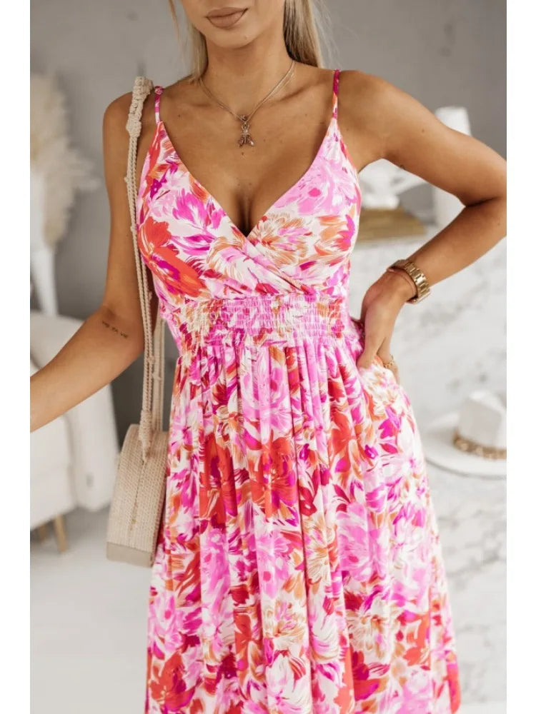 Sexy Backless suspenders V Neck Dress Women Fashion Floral Print LADYLYS