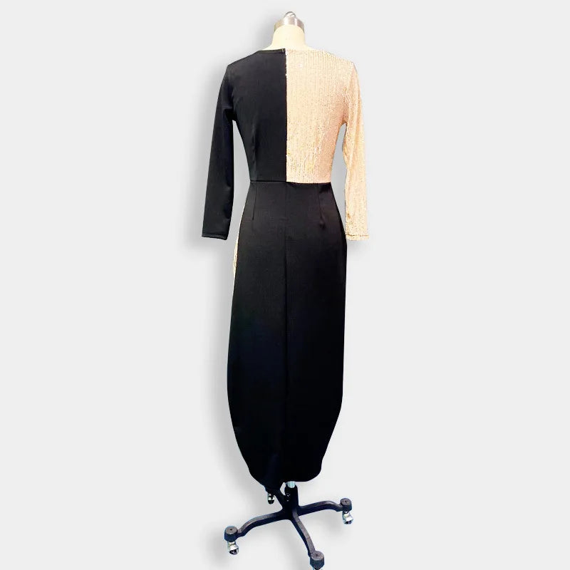 Temperament and ankle two-color black and gold ethnic style high waist solid color temperament dress long sleeve waist dress LADYLYS