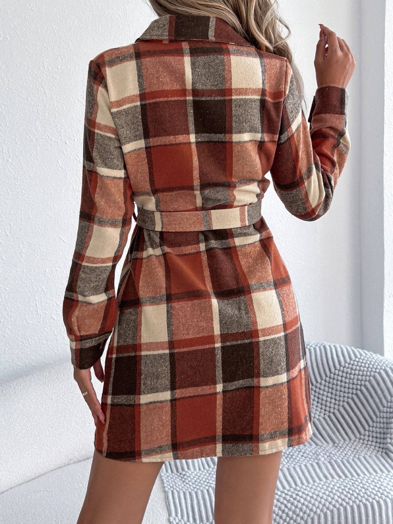 Women's Plaid Shirt Dress – Long Sleeve Belted A-Line Knee-Length Dress | Retro Casual Style