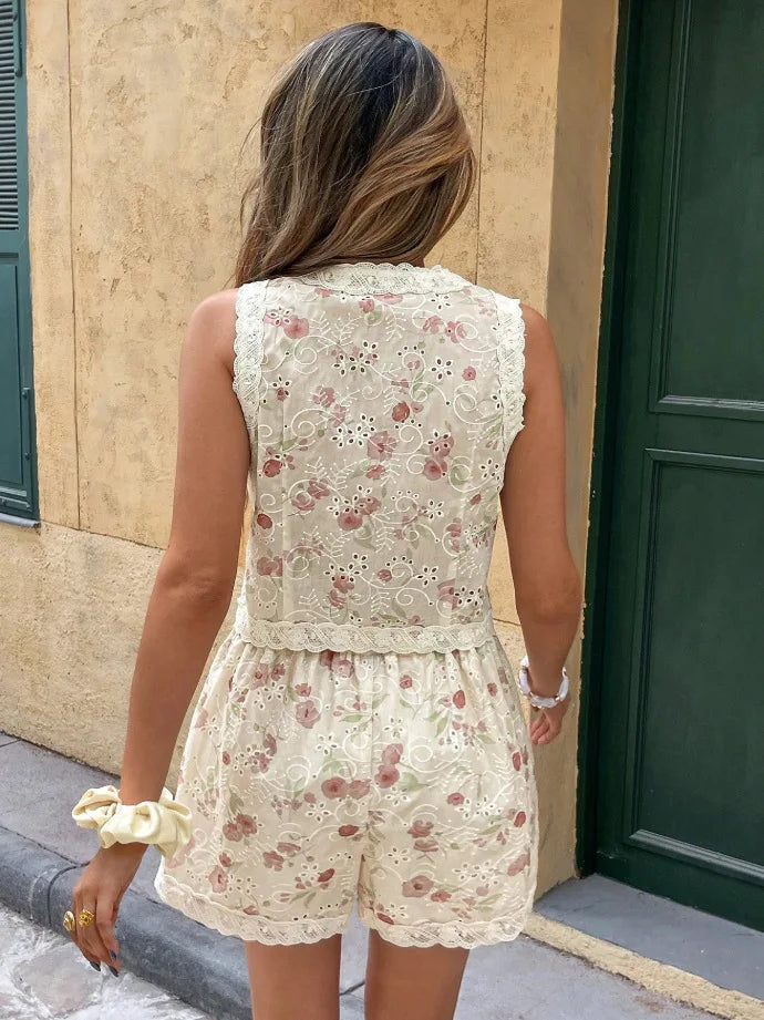 Women Floral Print Eyelet Embroidery Two Piece Set Summer Casual Lace Sleeveless V Neck LADYLYS