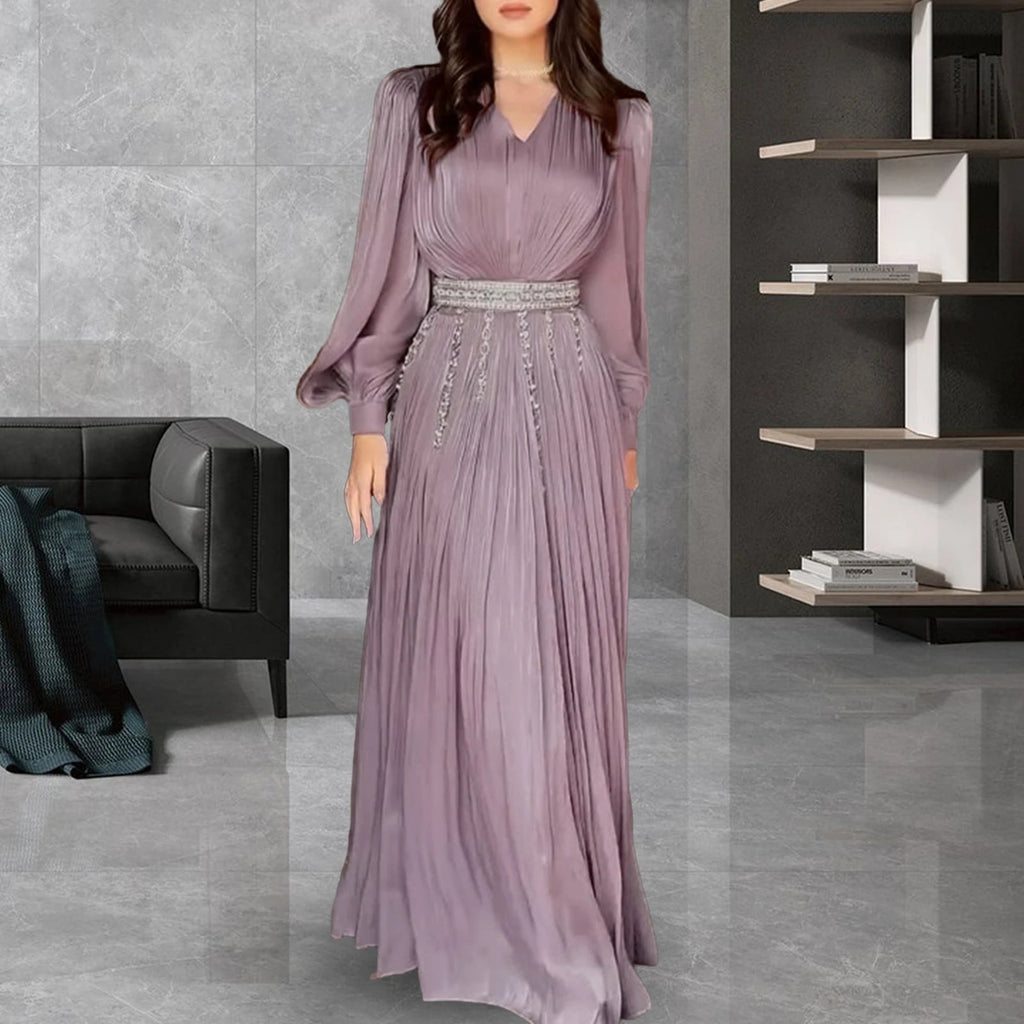 Fashion Clock Long Sleeve Chiffon Straight Long Maxi Robe Dress Vintage LADYLYS