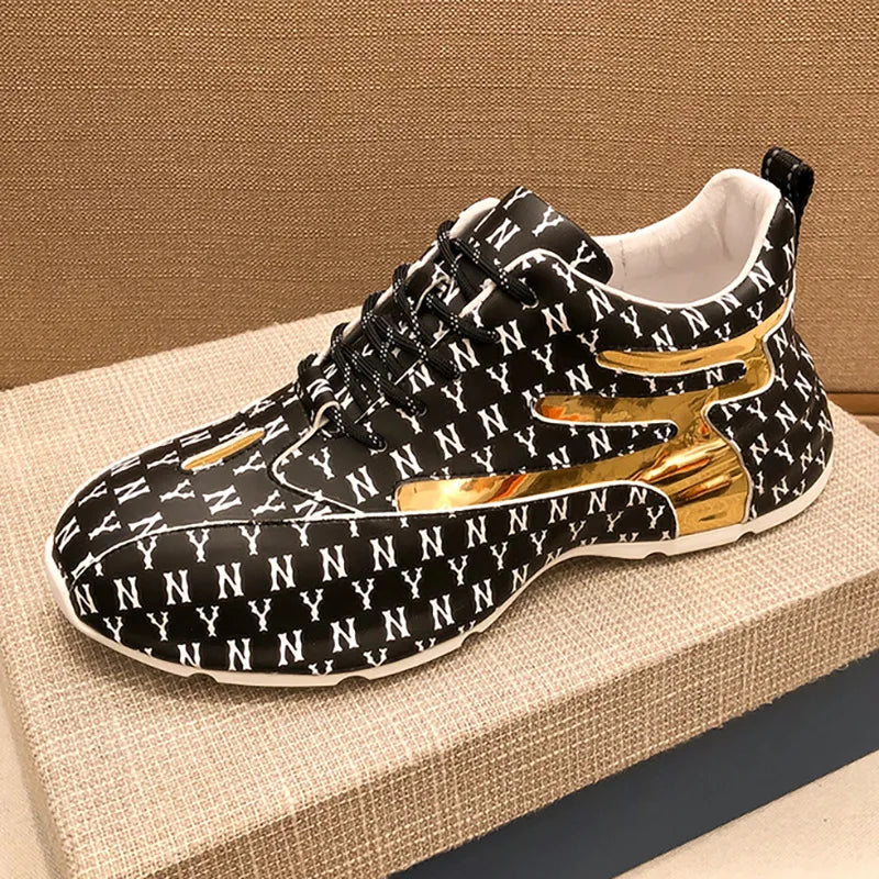 Men's Fashion Print Sneakers – Lace-Up Leather Casual Shoes