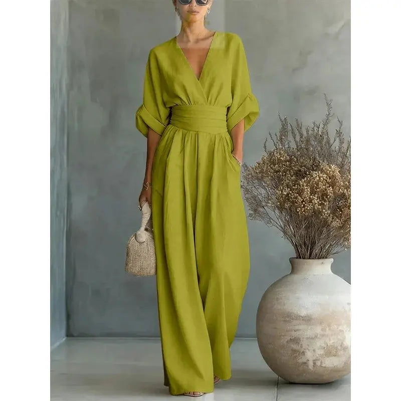 Jumpsuit Fashion High Waist V-neck Casual Sexy  Solid Color LADYLYS