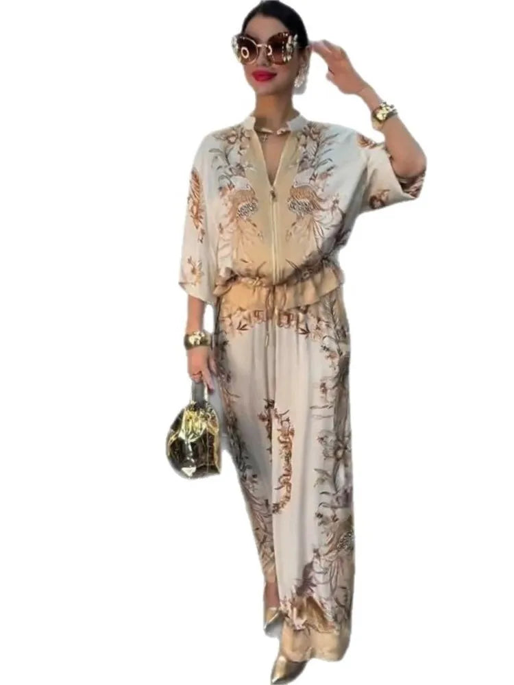 Printed Drawstring Trousers 2-Piece Set – Zipper Top & Wide-Leg Pants Outfit