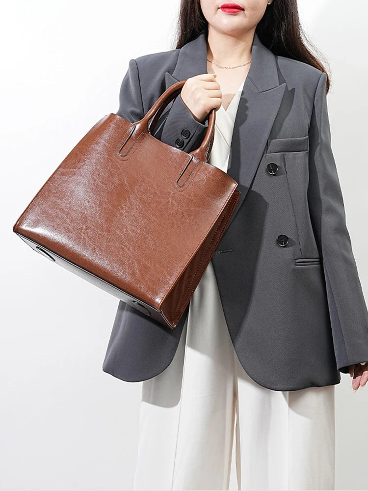 Split Leather Shoulder Bag for Women – Large Capacity Office Tote