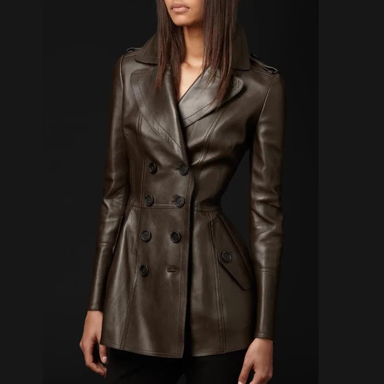 Women's Fitted Faux Leather Blazer – Double-Breasted, Elegant Office Jacket