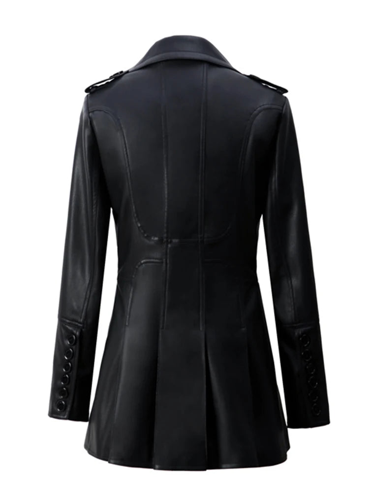 Women's Fitted Faux Leather Blazer – Double-Breasted, Elegant Office Jacket