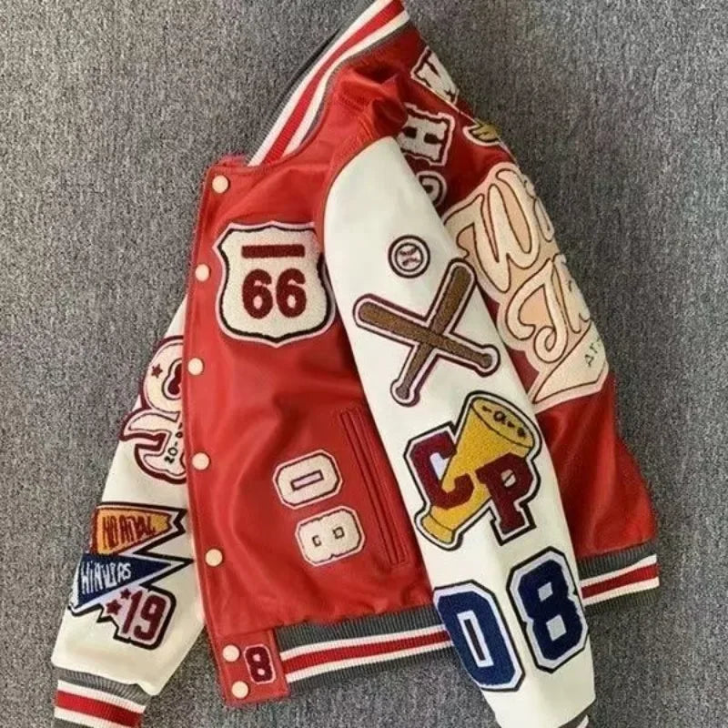Men's Embroidered Varsity Bomber Jacket — PU Leather Baseball Coat | Unisex Streetwear