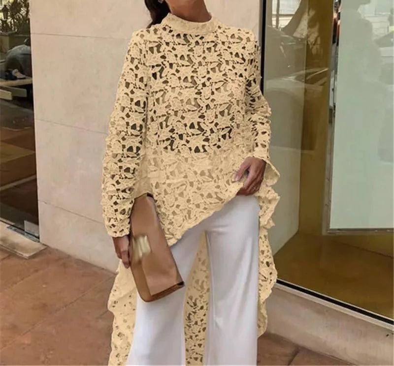 Women's Hollow Crochet Lace Shirt — Loose Long Sleeve Casual Top LADYLYS