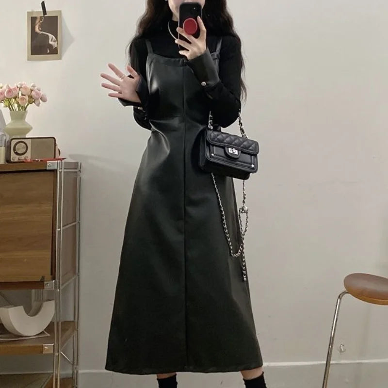 Women's Black PU Leather Dress – Faux Two-Piece A-Line, Long Sleeve, Midi Length