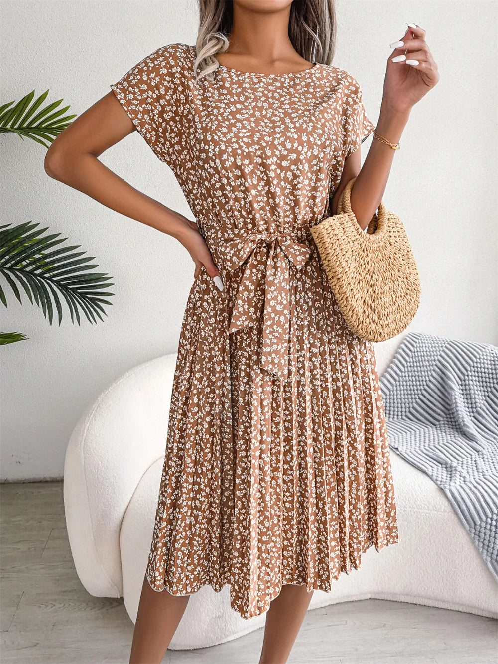 Summer Short Sleeve High Waist Chic Dress Fashion Floral Pleated A Line Long Dress LADYLYS