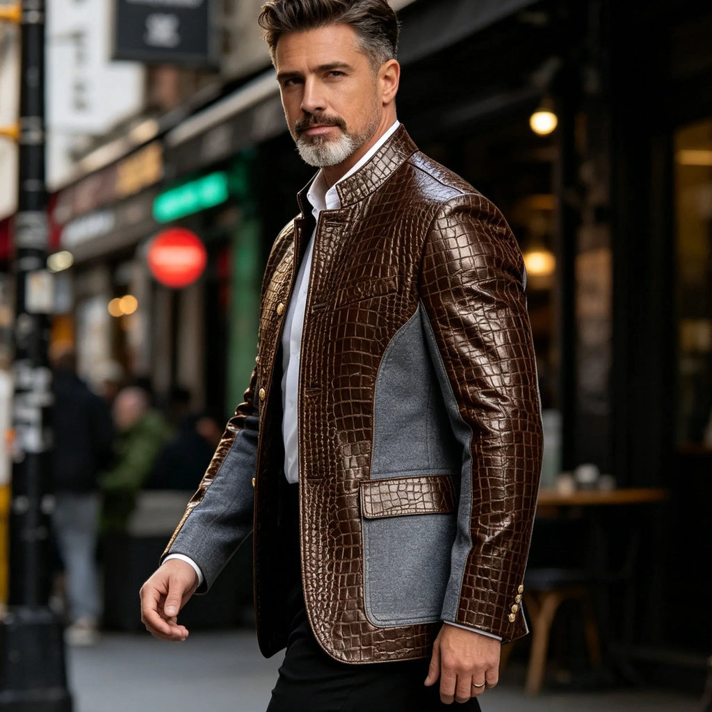 Men's Crocodile Embossed Leather Brown Jacket Patchwork Denim Luxury PU LADYLYS