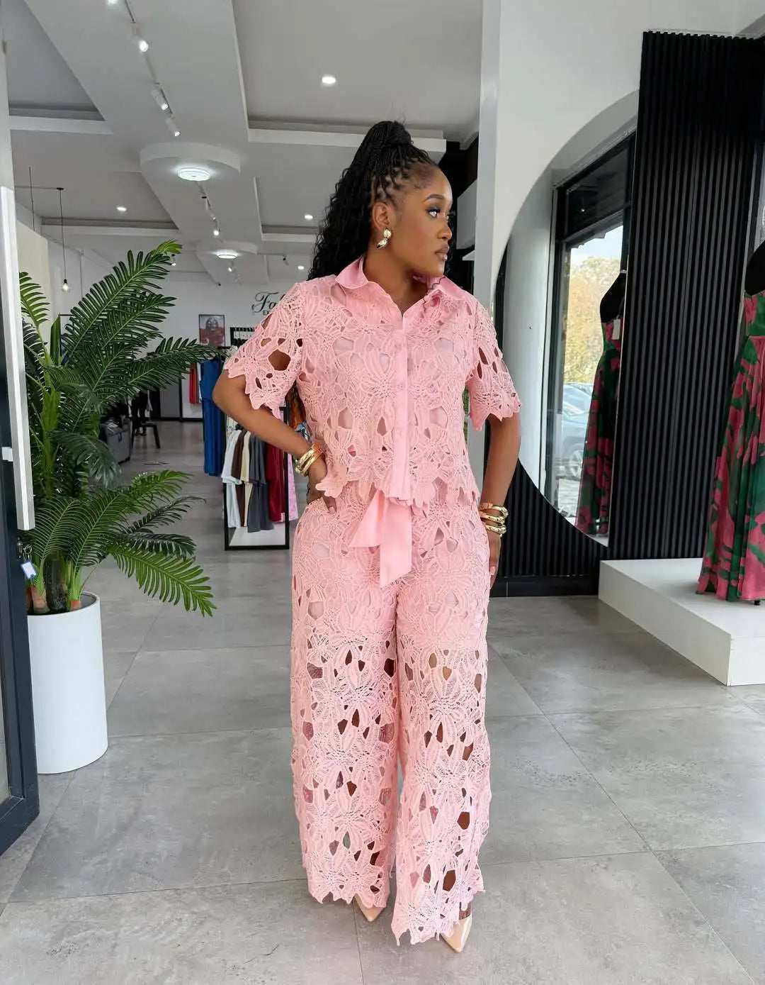 Women's Hollow Lace 2-Piece Set — Streetwear Top & Wide Leg Trousers LADYLYS