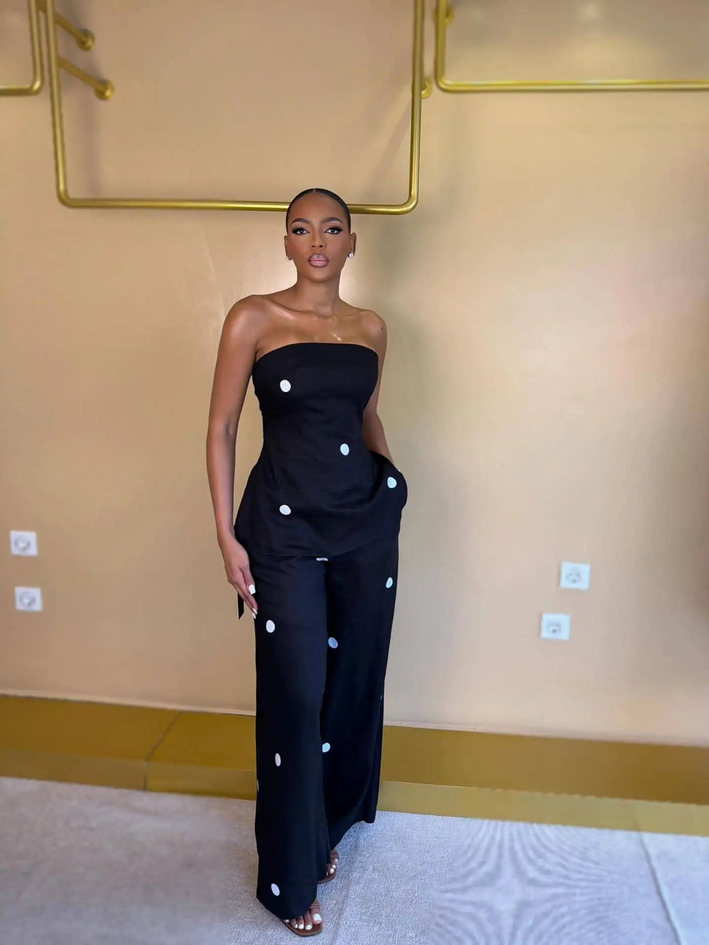 HLJ Women Polka Dot 2 Piece Outfits Elegant Bandeau Tube Top + High Waist Wide Leg Pants Set Summer Casual Streetwear Holidays LADYLYS