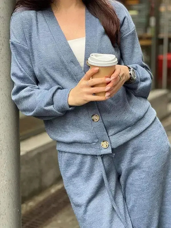 Women's Button-Front Cardigan & Tie-Waist Trousers Set
