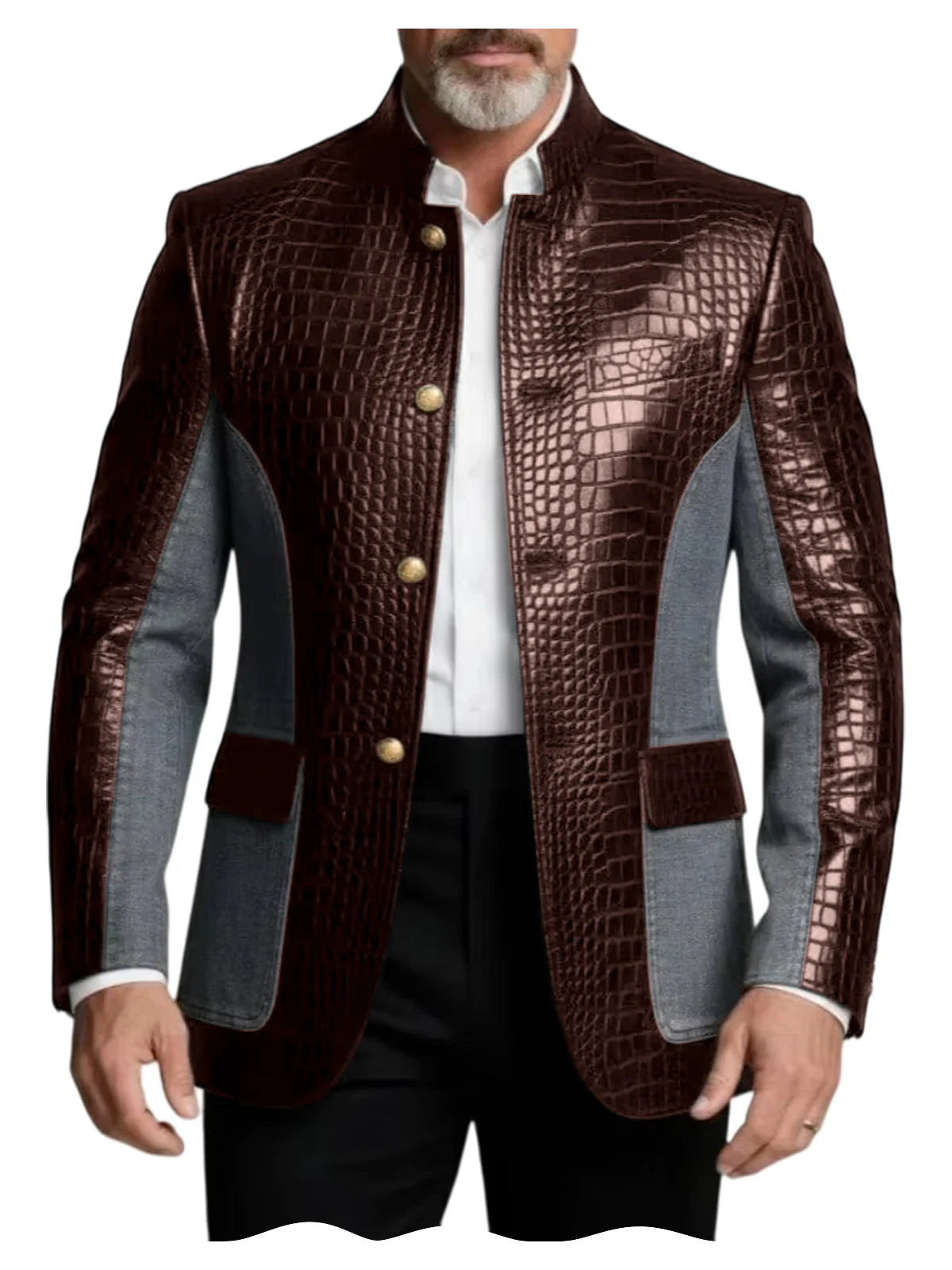 Men's Crocodile Embossed Leather Brown Jacket Patchwork Denim Luxury PU LADYLYS