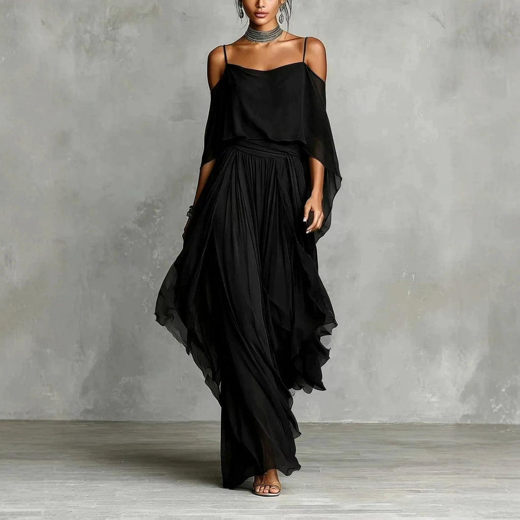 Summer Fashion Solid Chiffon Dress Elegant Off Shoulder Strap Bat Sleeve High Waist Long Dress Women Wedding Guest Outfits LADYLYS