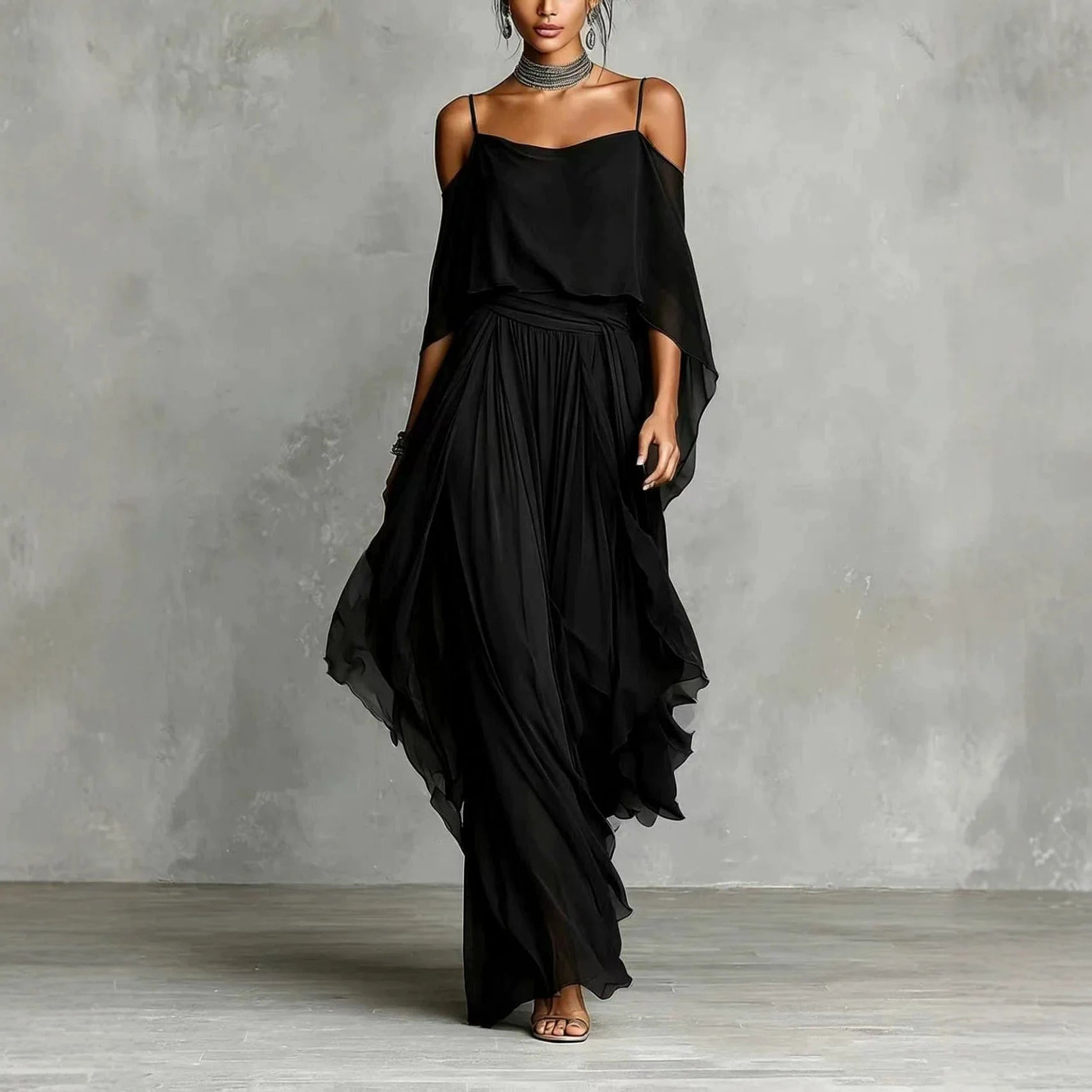 Summer Fashion Solid Chiffon Dress Elegant Off Shoulder Strap Bat Sleeve High Waist Long Dress Women Wedding Guest Outfits LADYLYS