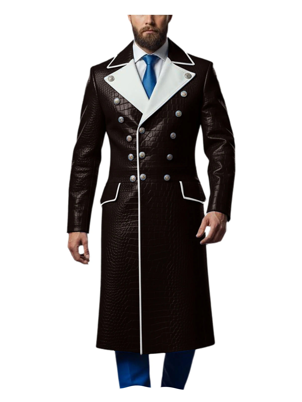 Men's Croc-Embossed Faux Leather Double-Breasted Overcoat with Contrast White Lapels