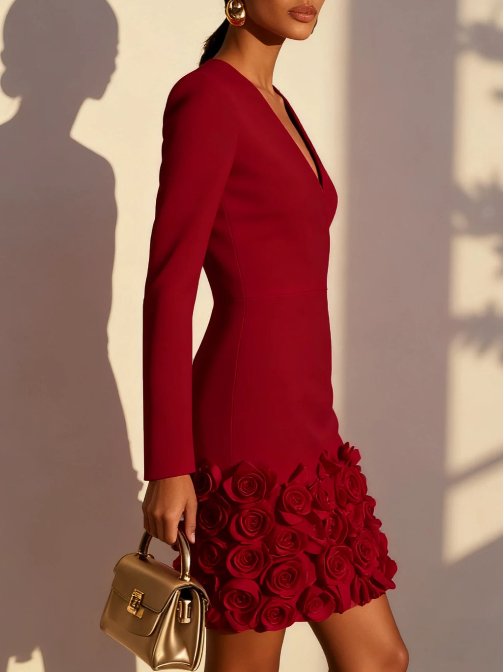 Handcrafted Floral Pleat V-Neck Mini Dress – Elegant Evening & Party Dress