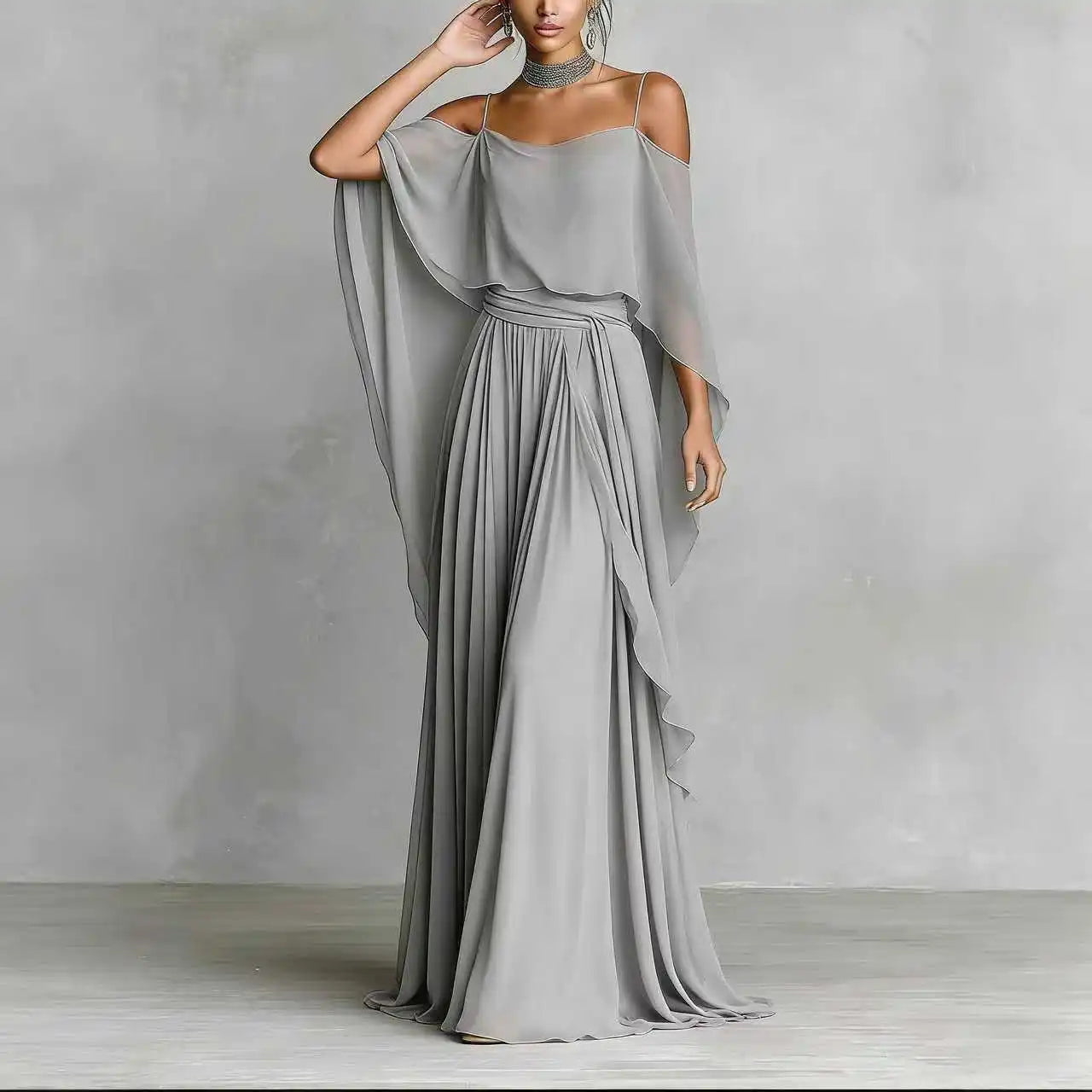 Summer Fashion Solid Chiffon Dress Elegant Off Shoulder Strap Bat Sleeve High Waist Long Dress Women Wedding Guest Outfits LADYLYS