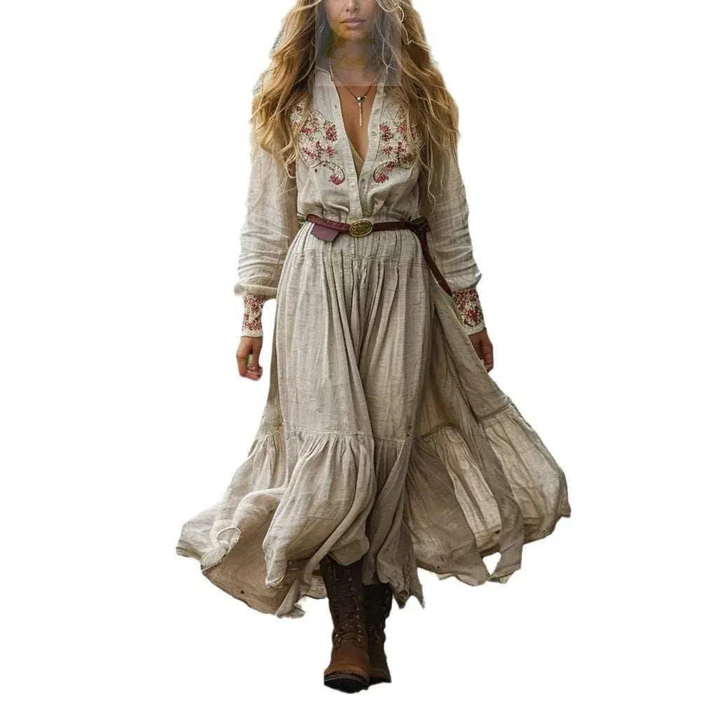 Vintage V-Neck Country Style Printed Long-Sleeve Dress LADYLYS