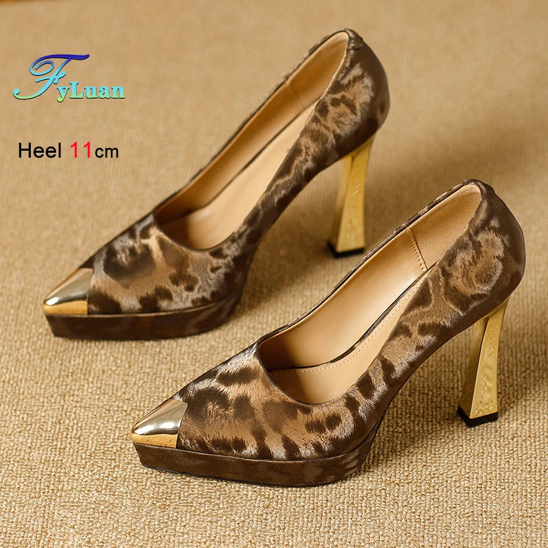 Leopard Print Women's Shoes Thin Heels 11cm Pointed Toe Shallow Ladies Pumps LADYLYS
