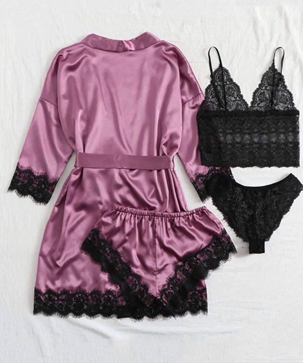 Pajama Fashion 4-piece Set Lace Satin Strap Sexy, Comfortable LADYLYS
