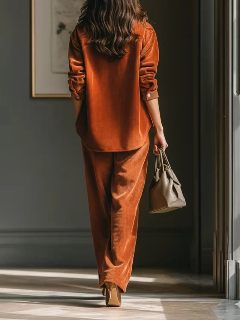 Women's 2-Piece Corduroy Set – Long Sleeve Shirt & Wide-Leg Pants, Office Casual